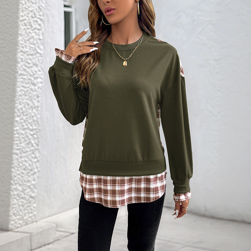 Damen Lässiges Rundhals-Sweatshirt mit Karomuster‑Einsätzen und gerafften Manschetten Echoarchiv