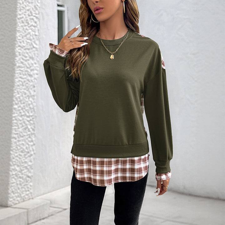 Damen Lässiges Rundhals-Sweatshirt mit Karomuster‑Einsätzen und gerafften Manschetten Echoarchiv