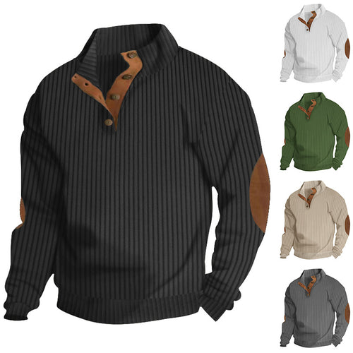 Herren nan strukturierter Ripp-Pullover mit kurzem Knopfkragen und Wildleder-Ellbogenpatches Echo Archiv