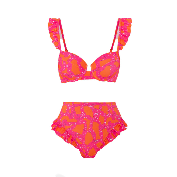 Damen Bikini-Set mit rüschenverziertem Oberteil und hoch taillierter Hose Echo Archiv