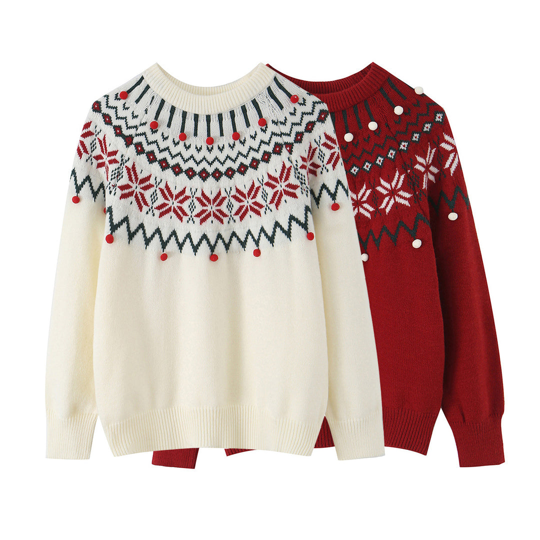 Damen nan Norwegerpullover mit Rundhalsausschnitt, jacquardgestricktem Muster und dekorativen Bommelapplikationen Echo Archiv