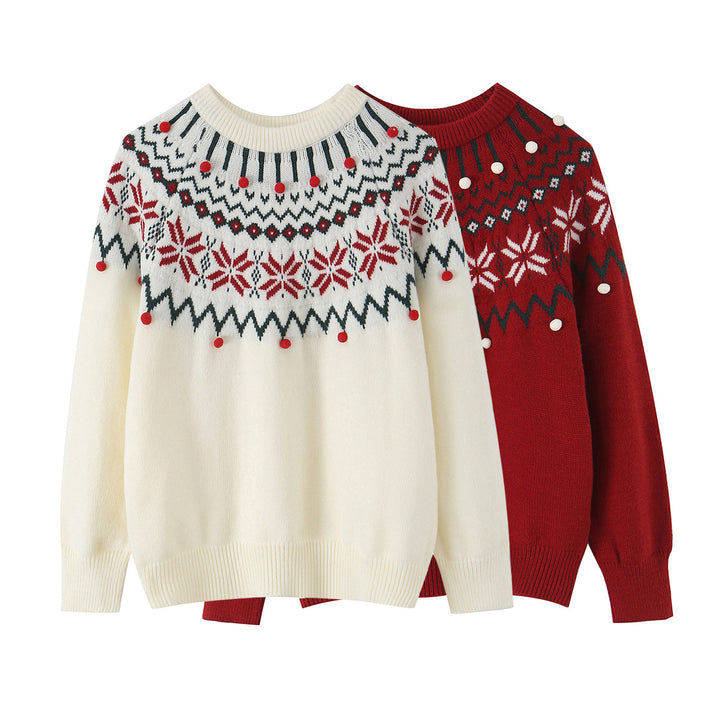 Damen nan Norwegerpullover mit Rundhalsausschnitt, jacquardgestricktem Muster und dekorativen Bommelapplikationen Echo Archiv