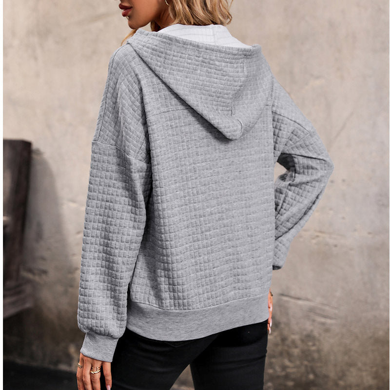 Damen Gestepptes Waffelstrick-Henley-Hoodie mit Druckknopfleiste Echoarchiv