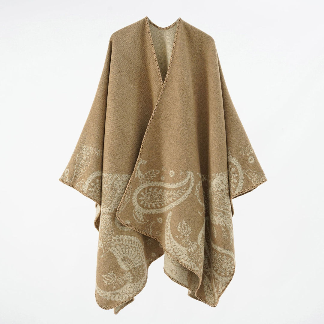 Damen Feines Woll-Cape im Überwurfstil mit kontrastierender Border-Jacquard – Avérine