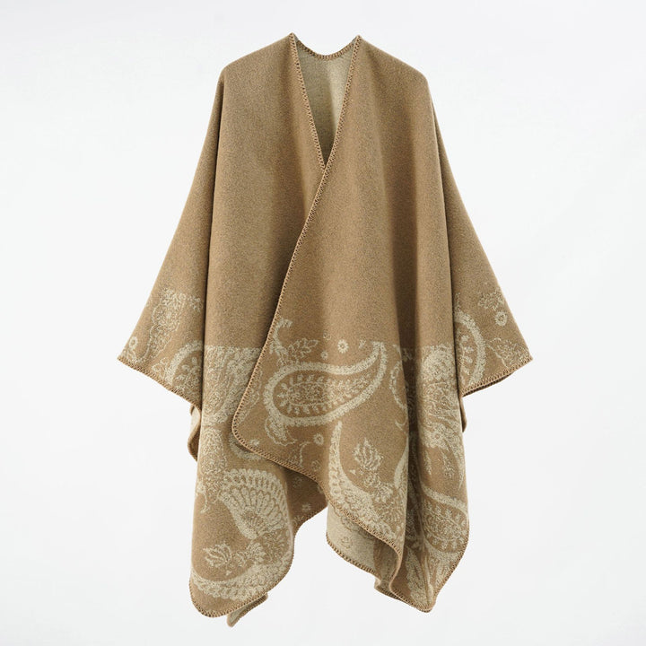 Damen Feines Woll-Cape im Überwurfstil mit kontrastierender Border-Jacquard – Avérine