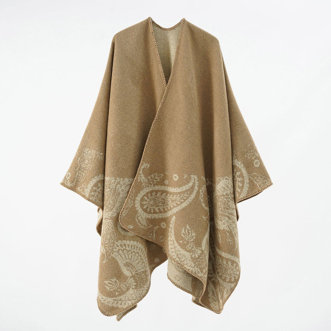 Damen Wollmix-Wendecape mit Paisley-Jacquard und offenem V-Ausschnitt – Montévia