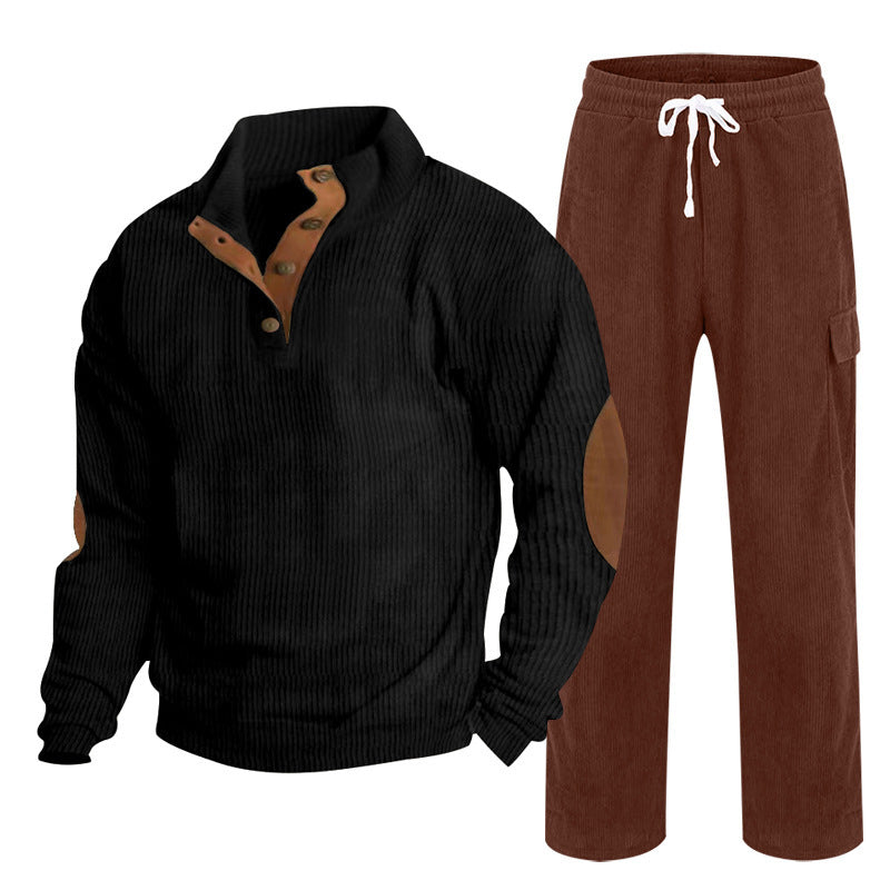 Herren nan Strick-Freizeitset mit Knopfleiste und Ellenbogenaufnähern sowie Cord-Cargohose Echo Archiv