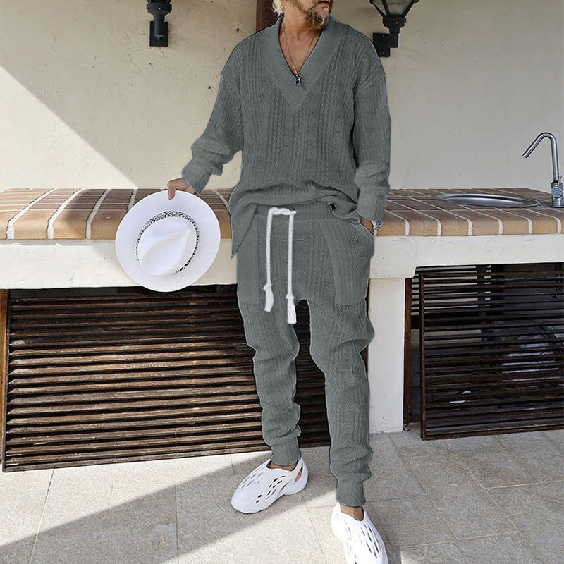 Herren Strukturiertes Strick-Loungewear-Set mit V-Ausschnitt und Tunnelzug-Jogginghose – Norvane