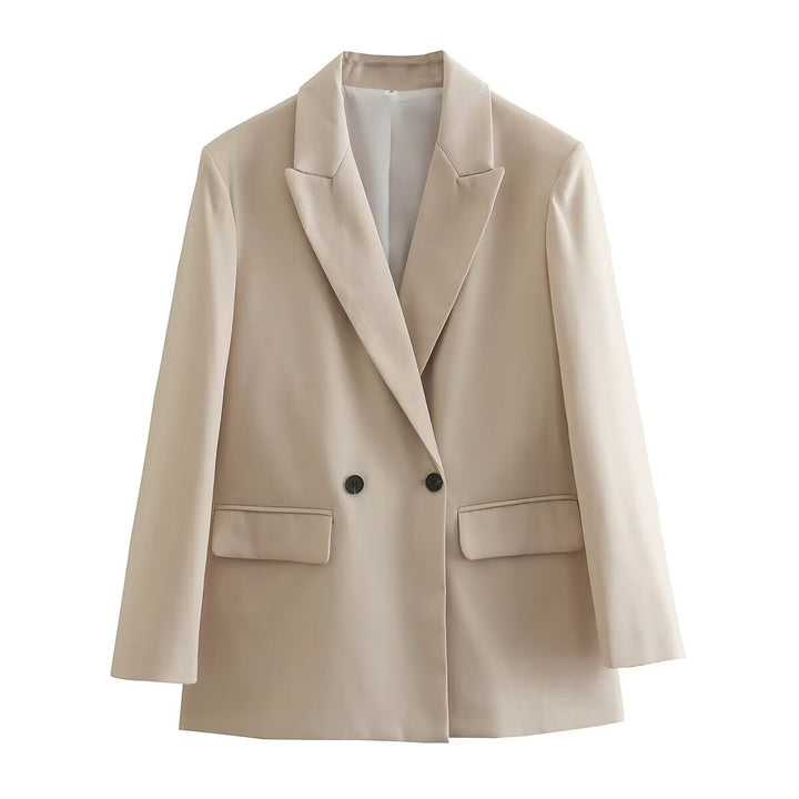 Damen figurbetonter zweireihiger Longblazer mit spitzem Revers leicht verlängertem Saum und Pattentaschen – Valéne