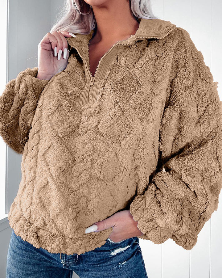 Damen nan Plüsch-Sherpa-Pullover mit halbem Reißverschluss, Stehkragen und oversized Silhouette Echo Archiv