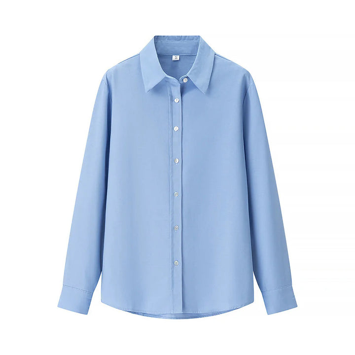 Damen lässige oversized Boyfriend-Bluse mit Hemdkragen, verdeckter Knopfleiste und abgerundetem Saum – Élovi