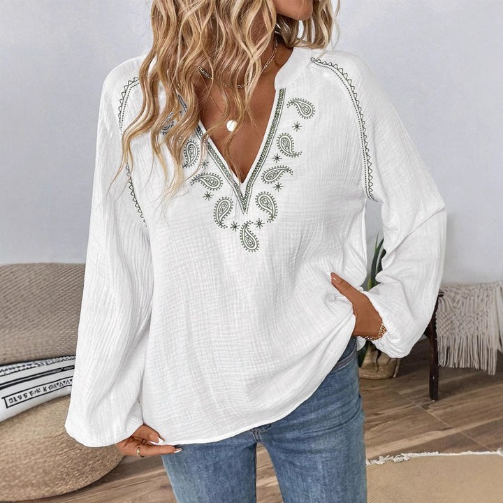 Damen nan bestickte Baumwoll-Gauze Tunika-Bluse mit ornamentaler V-Ausschnitt-Stickerei und Trompetenärmeln Echo Archiv