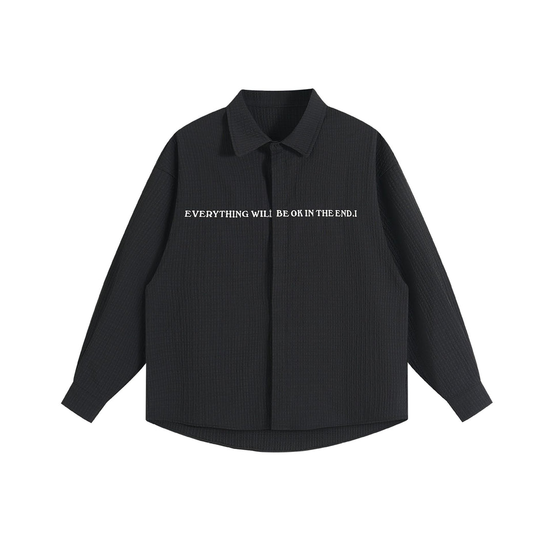 Unisex Oversize Textur-Hemdjacke mit verdeckter Knopfleiste und Statement-Stickerei Echoarchiv
