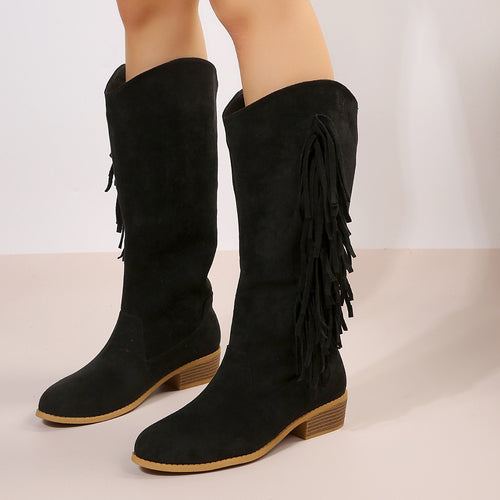Damen knielange Wildlederimitat-Stiefel mit langen Fransen, mittlerem Blockabsatz und gepolstertem Komfortfußbett Echo Archiv