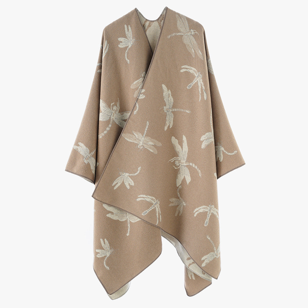 Damen Wendbarer Jacquard-Poncho mit Libellenmotiv – Avérine
