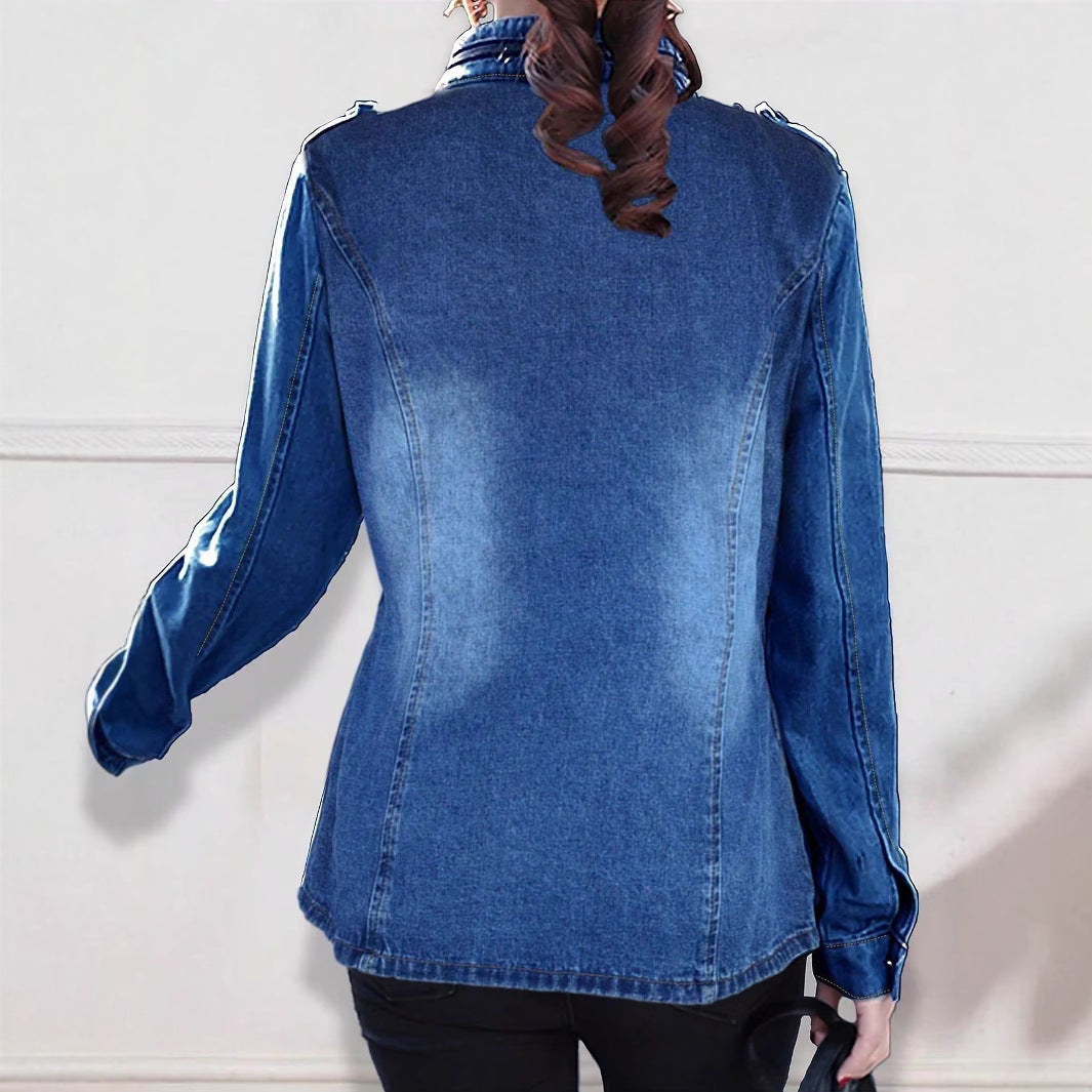 Damen taillierte Denim-Jacke im Military-Style mit Stehkragen und Pattentaschen Echo Archiv