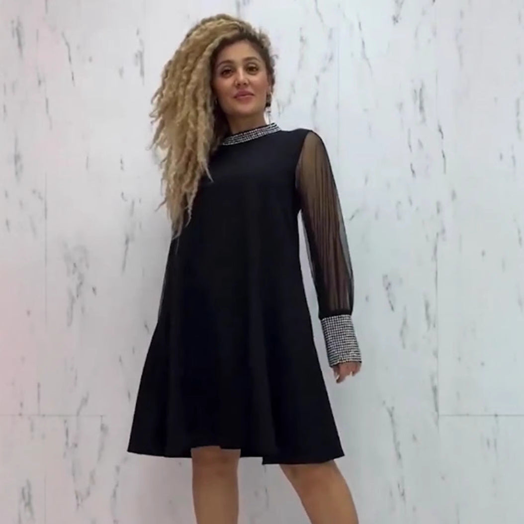 Damen nan A-Linien-Kurzkleid mit transparenten Mesh-Ärmeln und schmuckbesetztem Kragen Echo Archiv