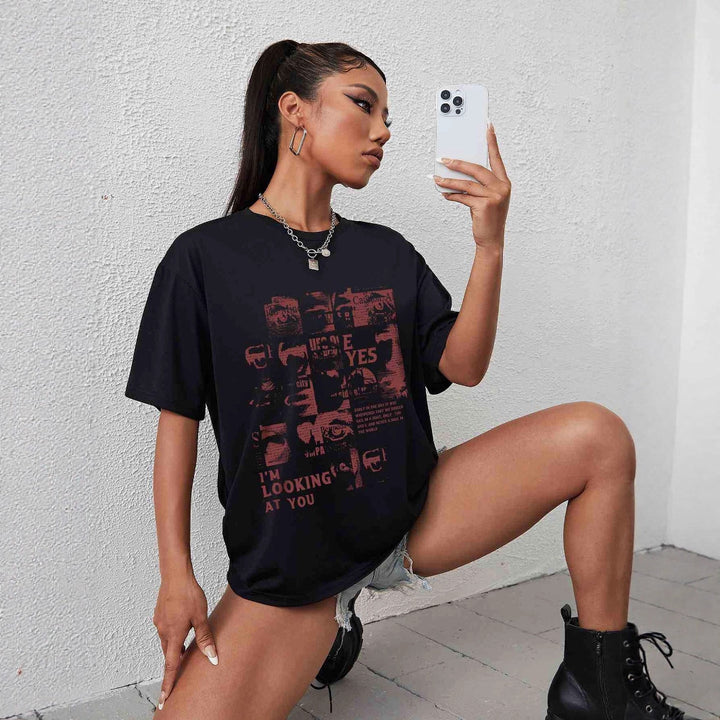Damen Oversized T-Shirt mit kreativem Schriftzug und lässigem Schnitt Echo Archiv