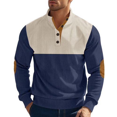 Herren nan Rippenstrickpullover mit Stehkragen Knopfleiste und Leder-Ellbogenpatches Echo Archiv