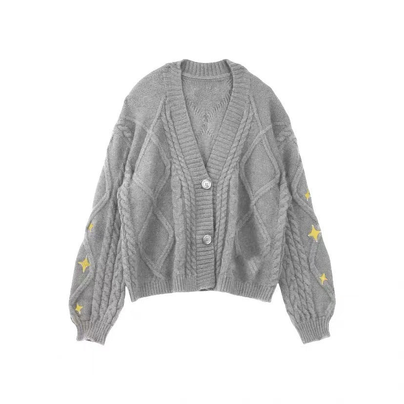 Damen nan oversize Strickcardigan mit Zopfmuster und Sternapplikationen V-Ausschnitt Knopfleiste Echo Archiv