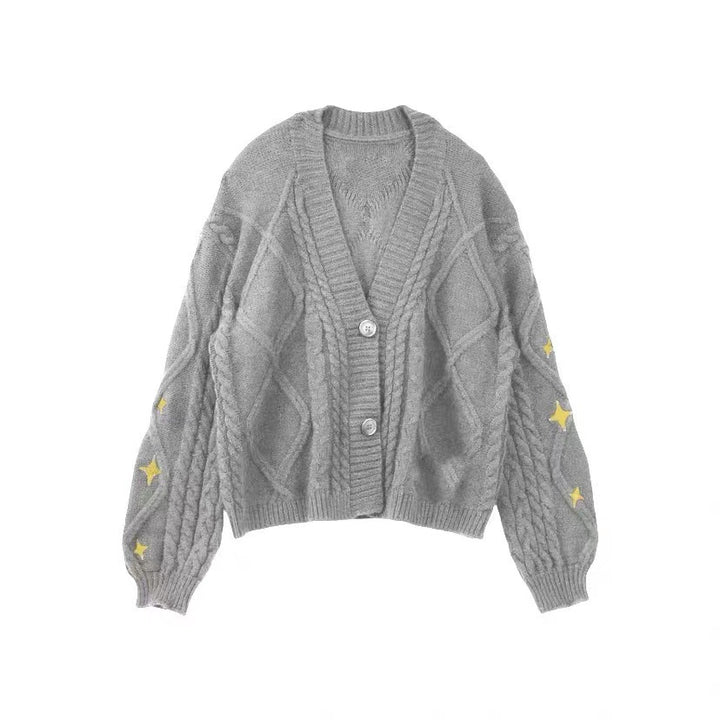 Damen nan oversize Strickcardigan mit Zopfmuster und Sternapplikationen V-Ausschnitt Knopfleiste Echo Archiv