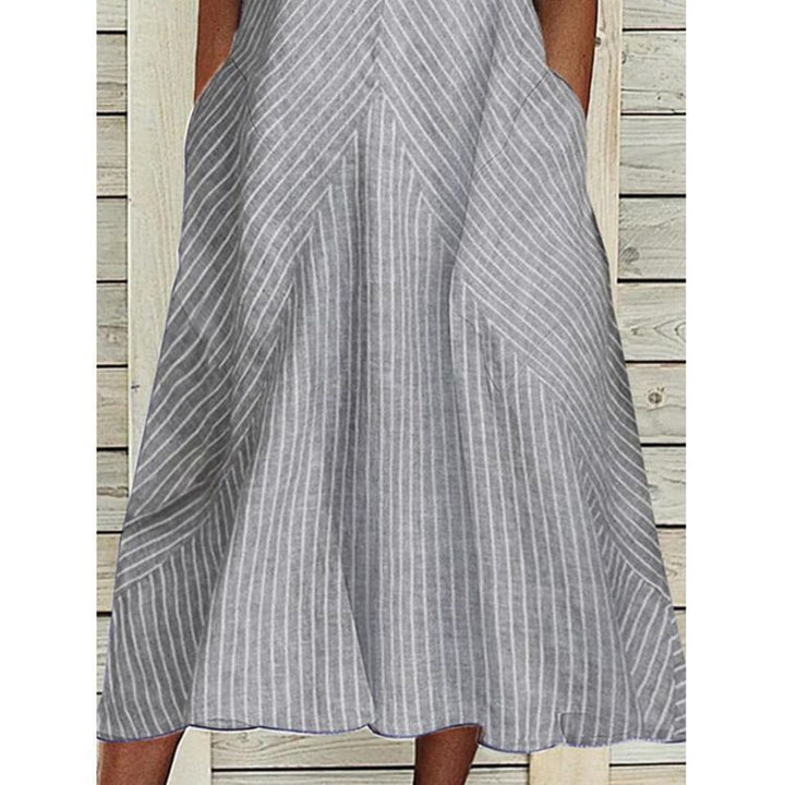 Damen nan ärmelloses A‑Linien Midikleid mit Rüschen-V-Ausschnitt diagonal gestreifter Leinenoptik und seitlichen Eingriffstaschen Echo Archiv