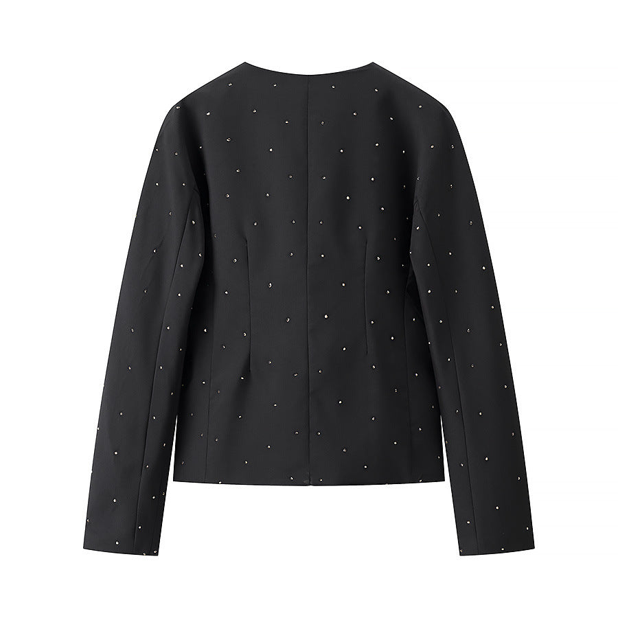 Damen nan elegant taillierter Blazer ohne Kragen mit Ziersteinbesatz Echo Archiv