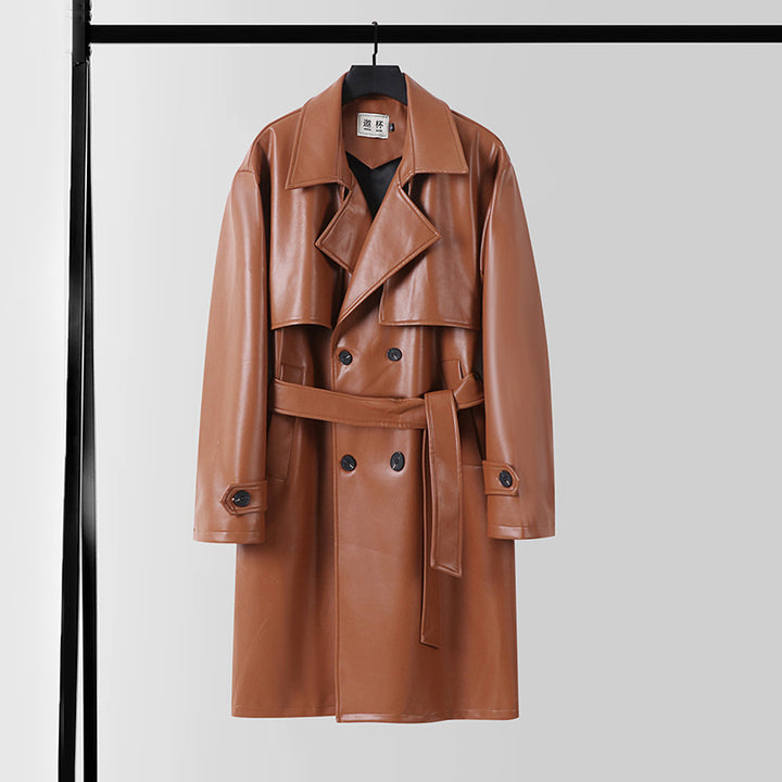 Herren Lederimitat-Trenchcoat mit Doppelreiher, Oversize-Schnitt und Manschettenriegel Echoarchiv