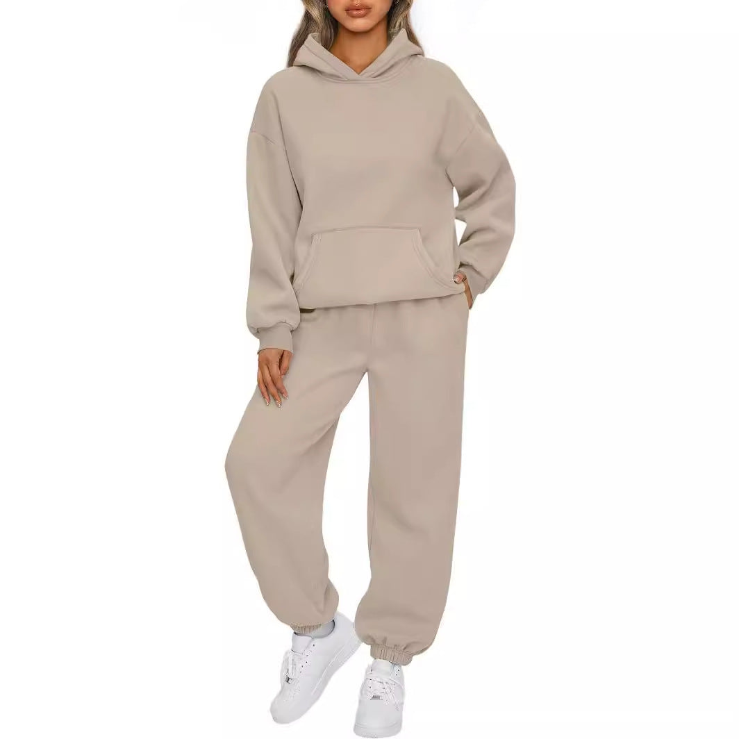 Damen nan gemütliches French-Terry Loungewear-Set mit doppellagiger Kapuze, Kängurutasche und elastischem Knöchel-Jogger Echo Archiv
