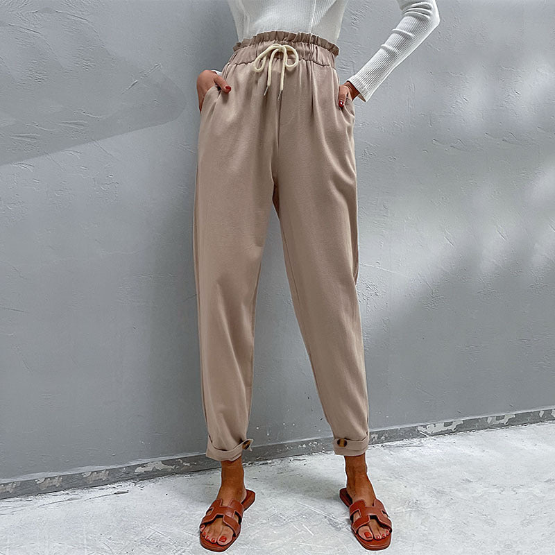 Damen Lässige Hose mit hohem Bund, Tunnelzug, Eingrifftaschen und konischer Beinform Echoarchiv