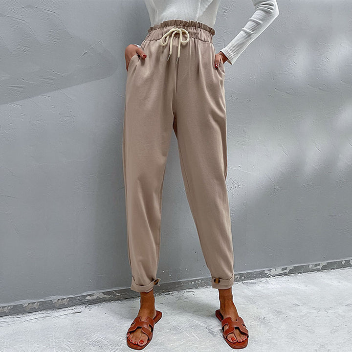 Damen Lässige Hose mit hohem Bund, Tunnelzug, Eingrifftaschen und konischer Beinform Echoarchiv