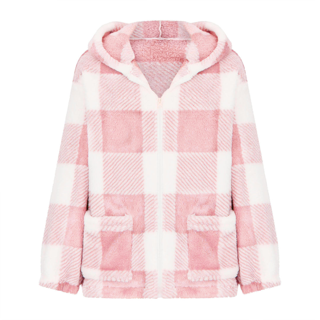 Damen nan dicke Karo-Teddyjacke mit Kapuze, Frontreißverschluss und aufgesetzten Taschen Echo Archiv