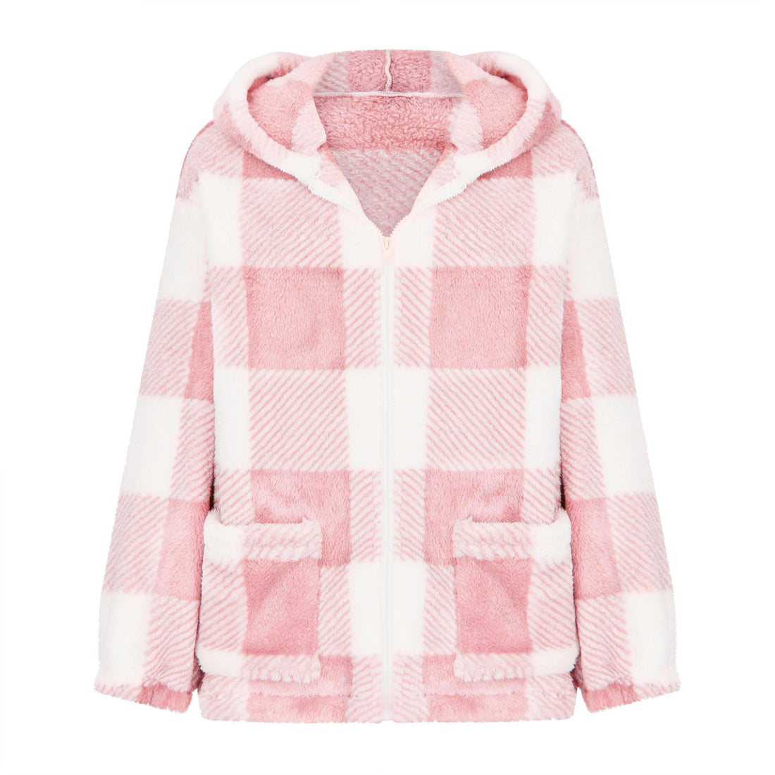 Damen dicke Karo-Teddyjacke mit Kapuze, Frontreißverschluss und aufgesetzten Taschen – Célinea