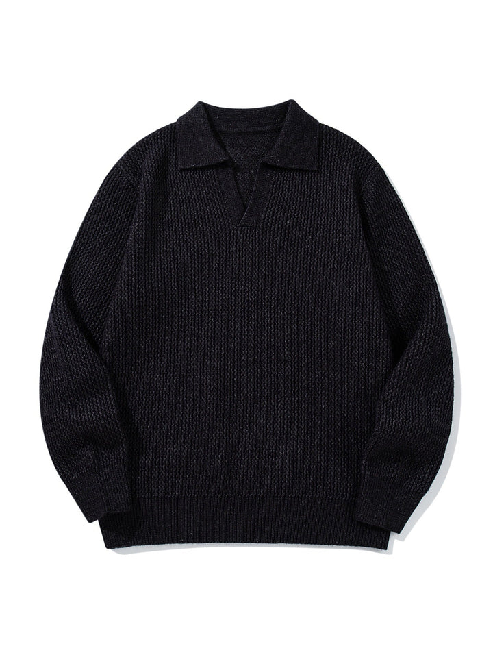 Herren Grobgestrickter Polokragen-Pullover mit V‑Ausschnitt und Rippenbündchen Echoarchiv