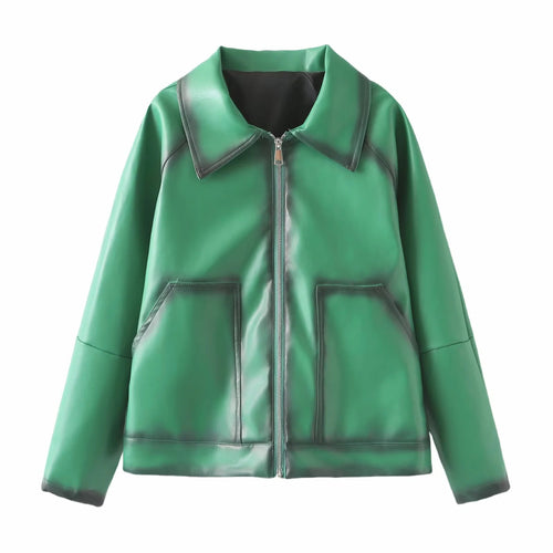 Damen boxy Kunstlederblouson mit großem Schalkragen, mittigem Metallreißverschluss und aufgesetzten Fronttaschen – Célinea