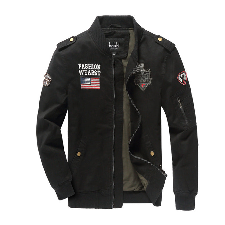 Herren nan militärisch inspirierte Bomberjacke mit gestickten Patches, Ärmel-Tasche und elastischen Rippbündchen Echo Archiv
