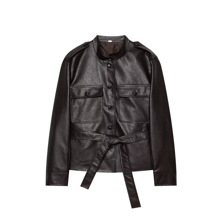 Damen Taillierter Kunstleder-Safari-Blouson mit Bindegürtel und Pattentaschen Echo Archiv