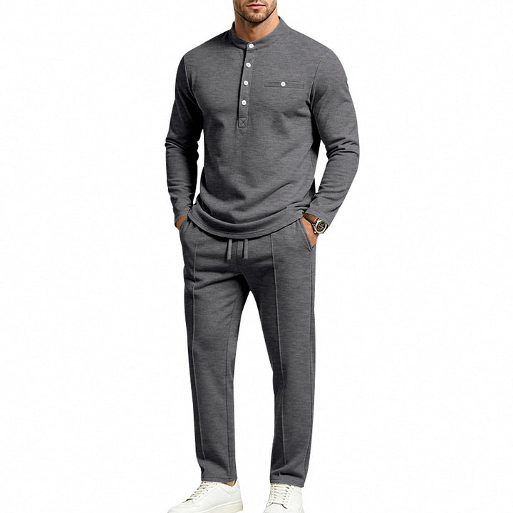 Herren Zweiteiliges Freizeitset mit Henley-Langarmshirt, Stehkragen und Komfort-Jogginghose – Sorevano