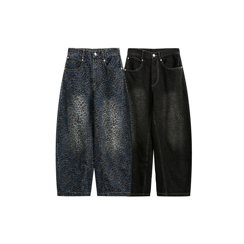 Damen Kurzgeschnittene Weite Jeans mit hoher Taille und Leopardenmuster Echoarchiv