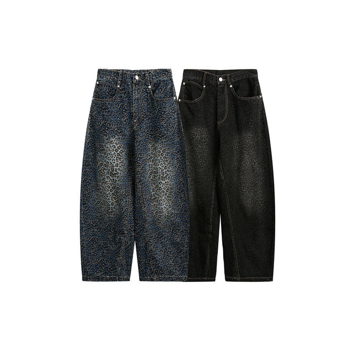Damen Kurzgeschnittene Weite Jeans mit hoher Taille und Leopardenmuster Echoarchiv