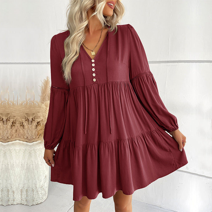 Damen Weiches Stufen-Minikleid mit V-Ausschnitt, Knopfleiste und Ballonärmeln Echoarchiv