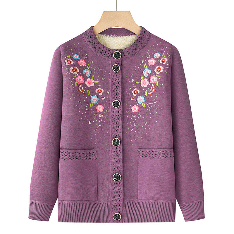 Damen bestickte Strickjacke mit Rundhals, aufgesetzten Taschen und dekorativer Knopfleiste – Veloura