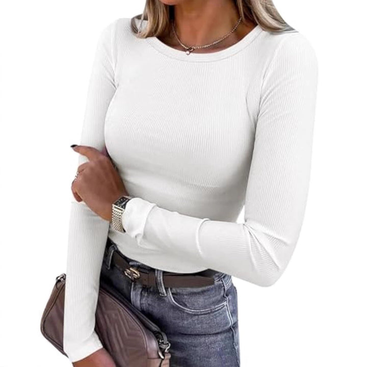 Damen Schmalgeschnittenes Ripp-Longsleeve mit Rundhalsausschnitt und Stretch-Baumwollmix – Avérine
