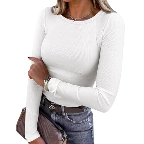 Damen Schmalgeschnittenes Ripp-Longsleeve mit Rundhalsausschnitt und Stretch-Baumwollmix – Avérine