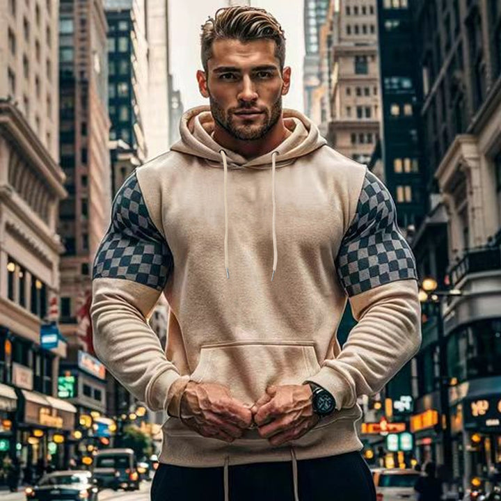 Herren Hoodie mit karierten Ärmeln und Kängurutasche Echoarchiv