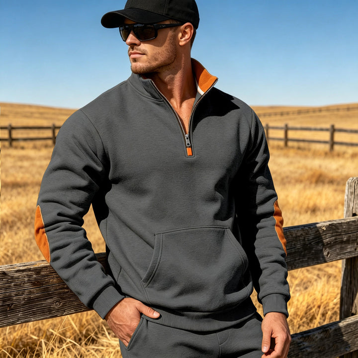 Herren Athletisches Halbzip-Sweatshirt mit Ellenbogenpatches und Kängurutasche Echoarchiv
