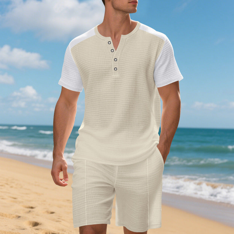 Herren lässiges Kurzarm-Henley-Set mit praktischen Taschen und atmungsaktiver Struktur Echoarchiv
