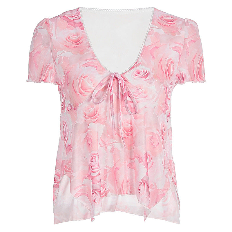 Damen Bluse mit romantischem Rosenmuster und zartem Bindegürtel Echo Archiv