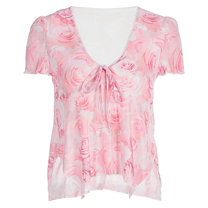 Damen Bluse mit romantischem Rosenmuster und zartem Bindegürtel Echo Archiv