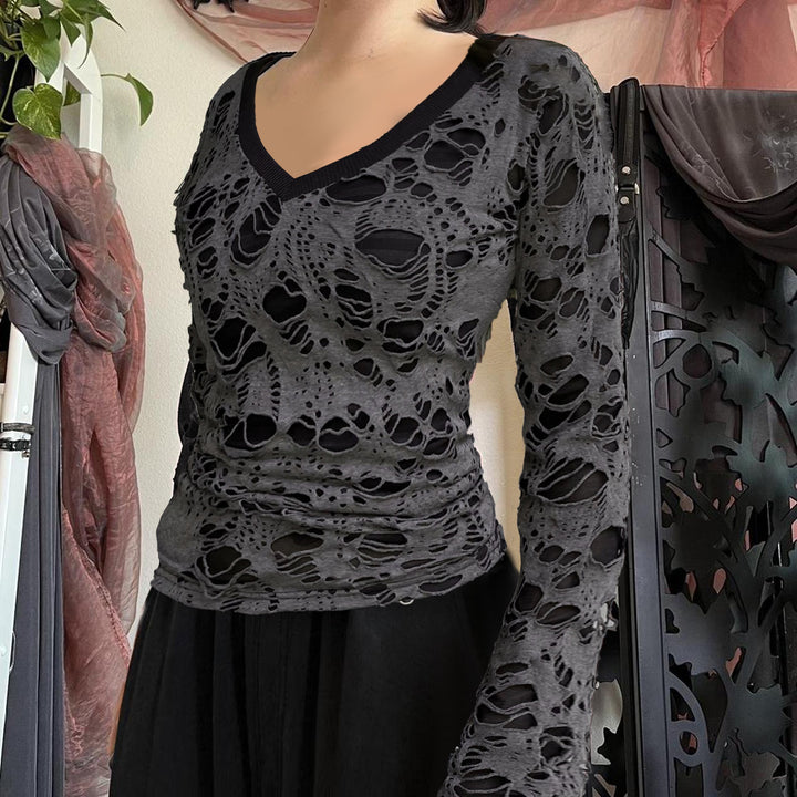 Damen nan transparentes Distressed-Spitzenshirt mit V-Ausschnitt, langärmeligem Layer-Look und innenliegendem Cami Echo Archiv